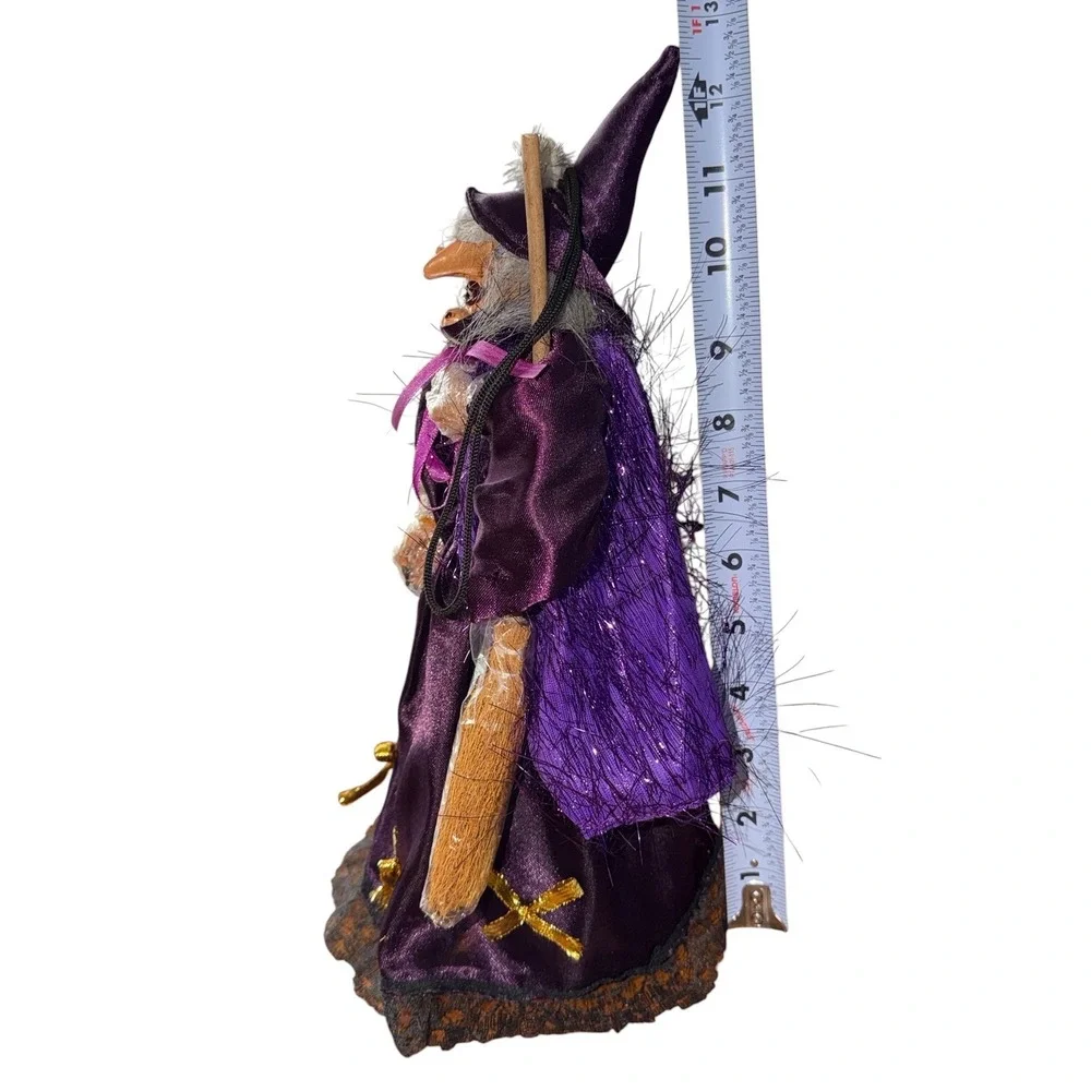 Gothic Halloween Decor Hanging Witch Purple Satin Dress Broom 12.5